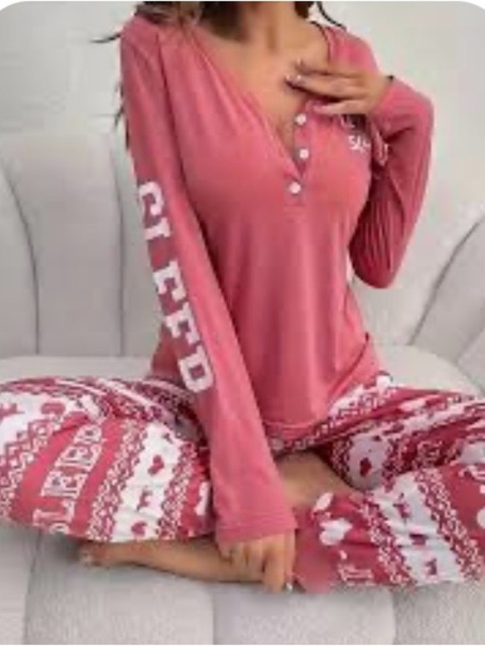 Women's Pink Long-Sleeve Henley Pajama Set - Soft Thermal Lounge Set